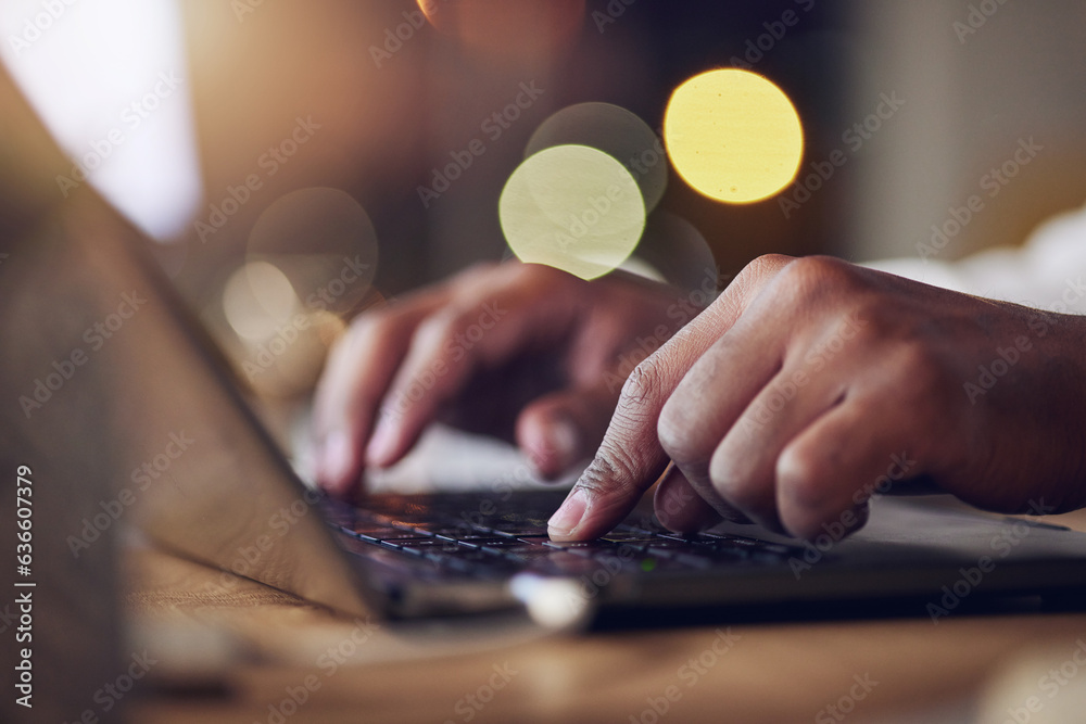 Laptop keyboard, hands and night person typing, copywriting or working late on social media content 