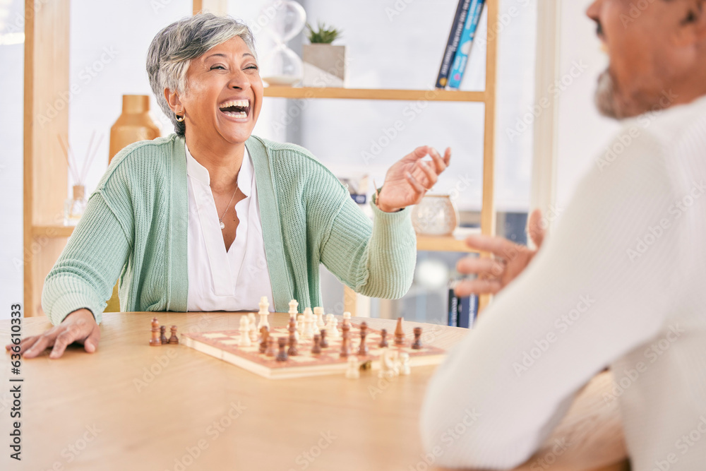 Laughing, game and senior couple with chess in a house in retirement for a competition. Happy, toget