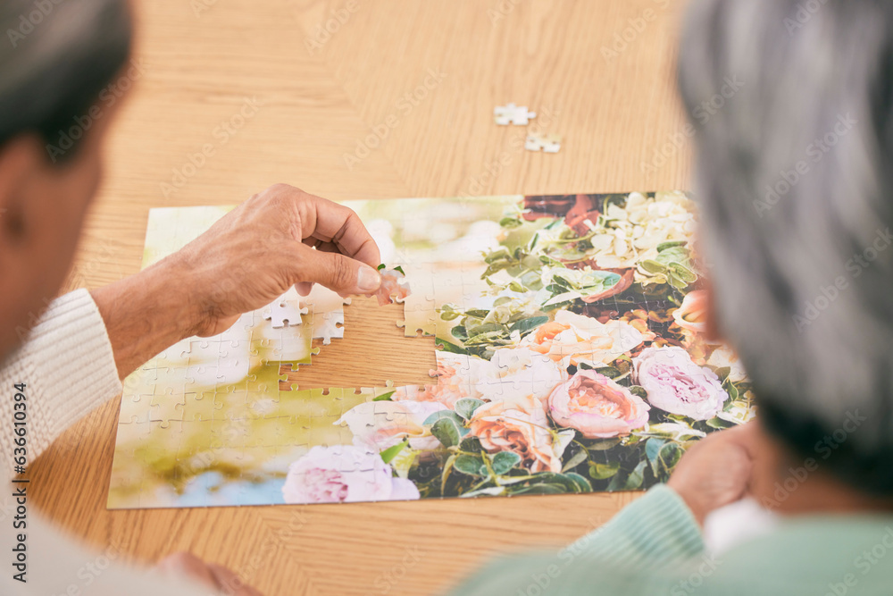 Puzzle on table, entertainment and senior couple in home for bonding, fun activity and relax togethe