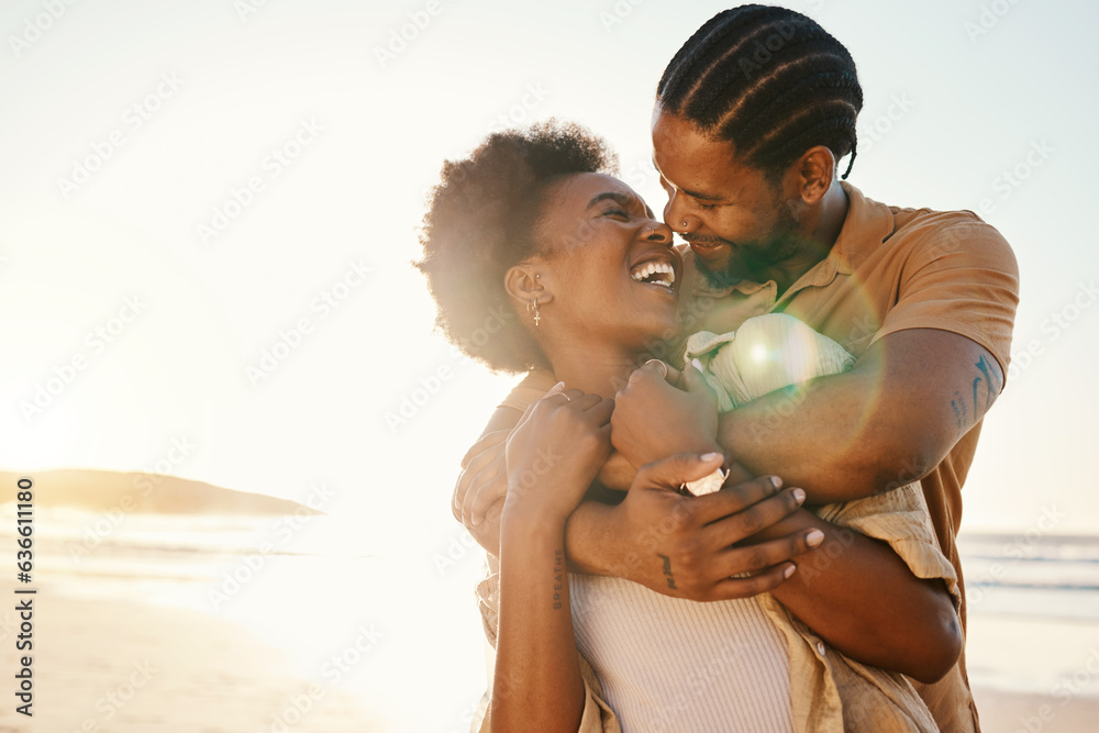 Beach sunset, sunshine or black couple hug, laugh and enjoy fun time together, funny joke or relatio