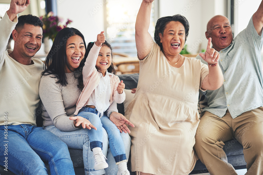 Happy family, child or grandparents in celebration for sports in home living room watching tv togeth