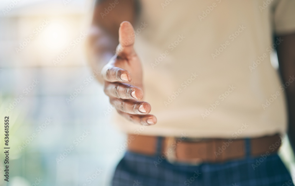 Closeup hand, business and man with handshake, partnership and contract with agreement, b2b meeting 