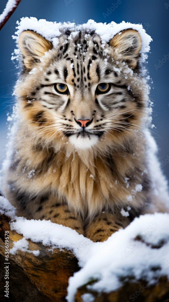 Snow leopard sitting in the snow with snow on its face.