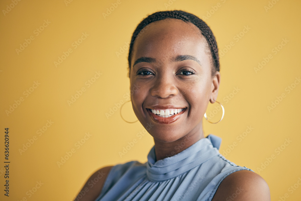 Portrait, business and black woman with a smile, career and entrepreneur on a yellow studio backgrou