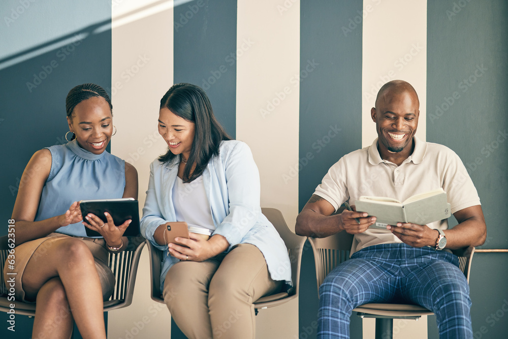 Business people, waiting room and tablet for job search, communication and collaboration or teamwork