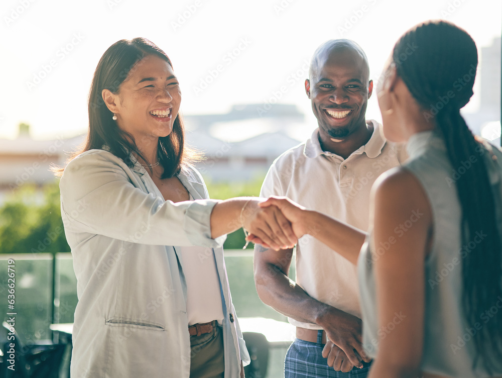 Business people, handshake and happy in collaboration, deal or agreement in city. Shaking hands, smi