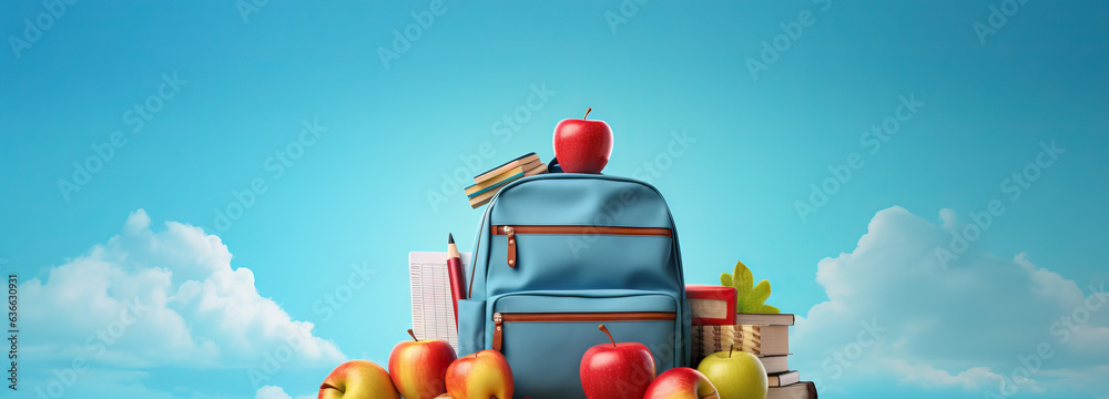 a backpack filled with school supplies and an apple, light sky-blue and gray