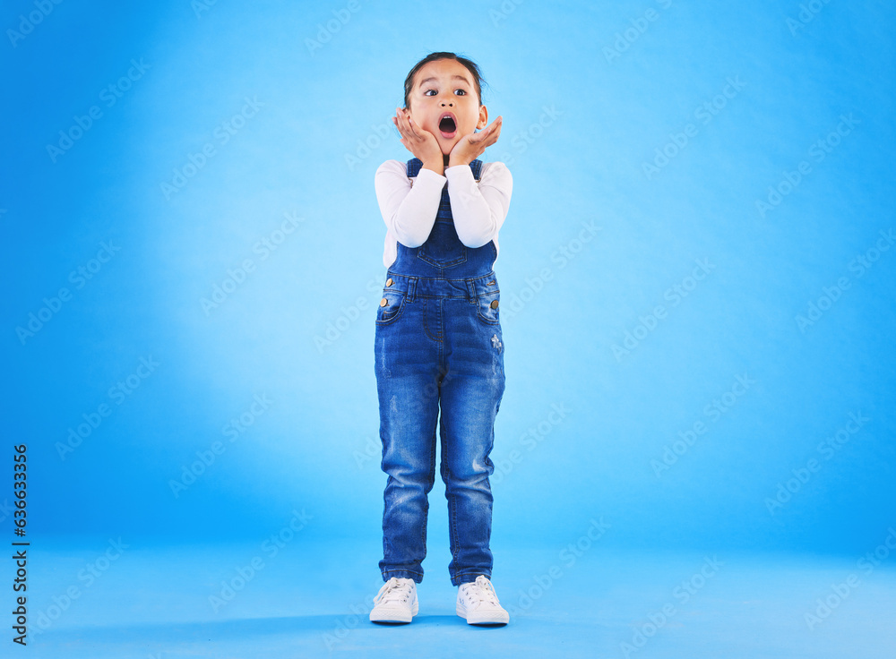 Shocked, wow and girl surprise with hands to face in studio with fear and scared from danger. Alarm,