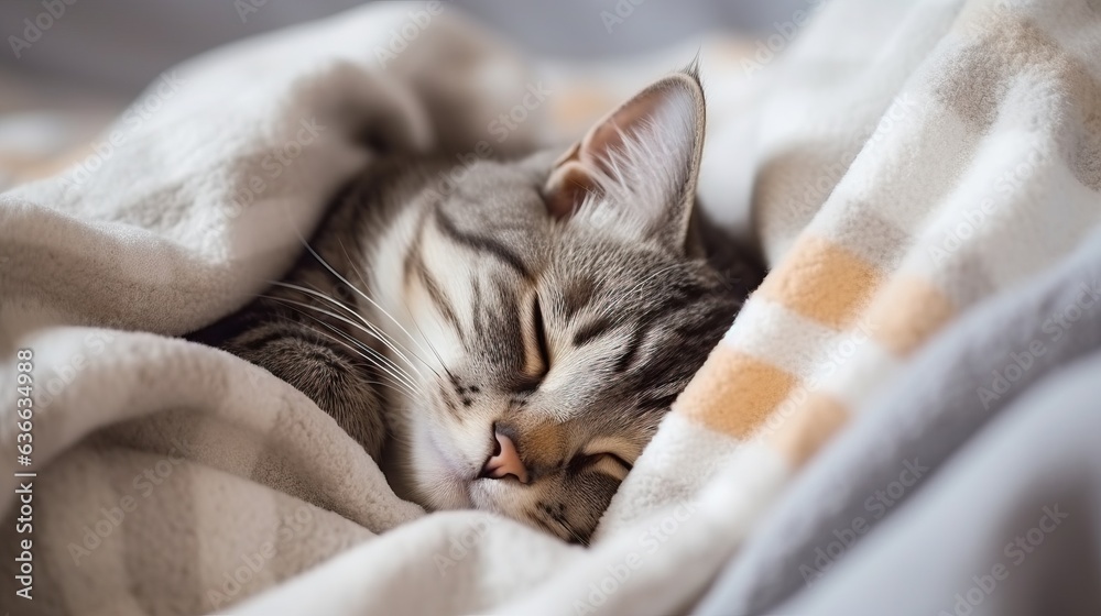 Cute cat is sleeping in the bed on warm blanket. Cold autumn or winter weekend. Hygge concept.