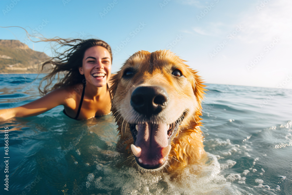 Happy young woman swimming with her golden retriever dog in the sea