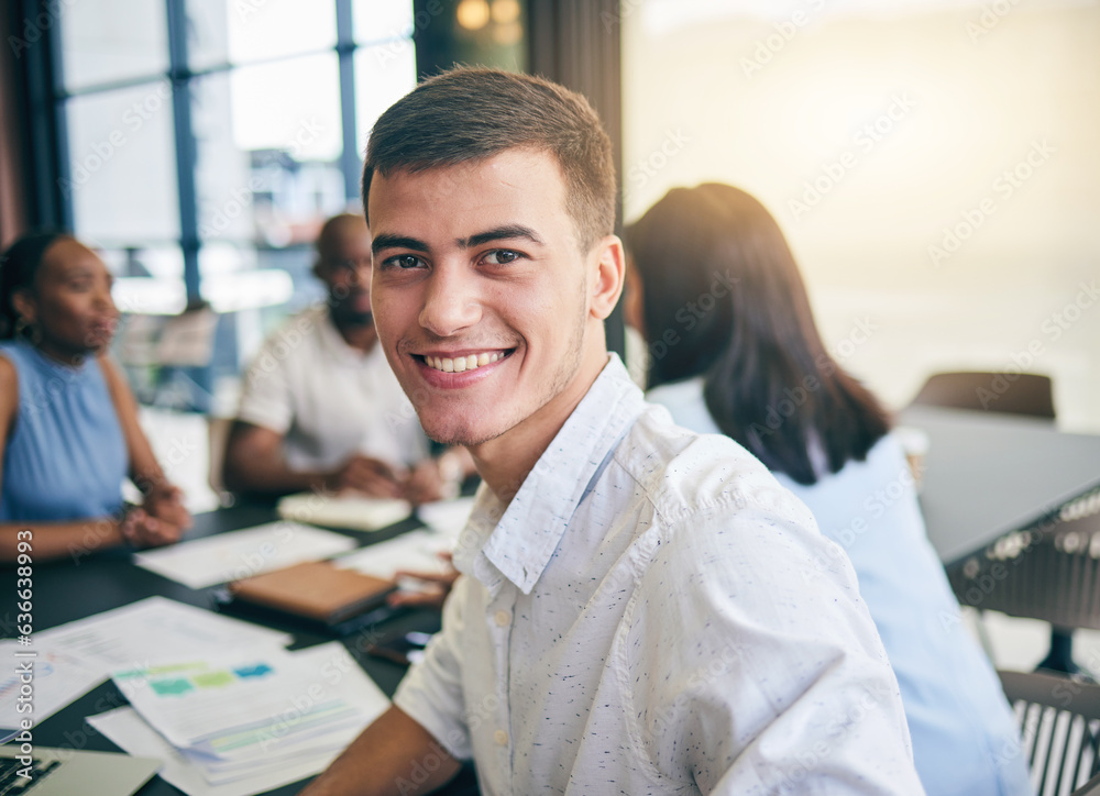 Portrait, business and man in a meeting, professional and brainstorming with ideas, conversation and