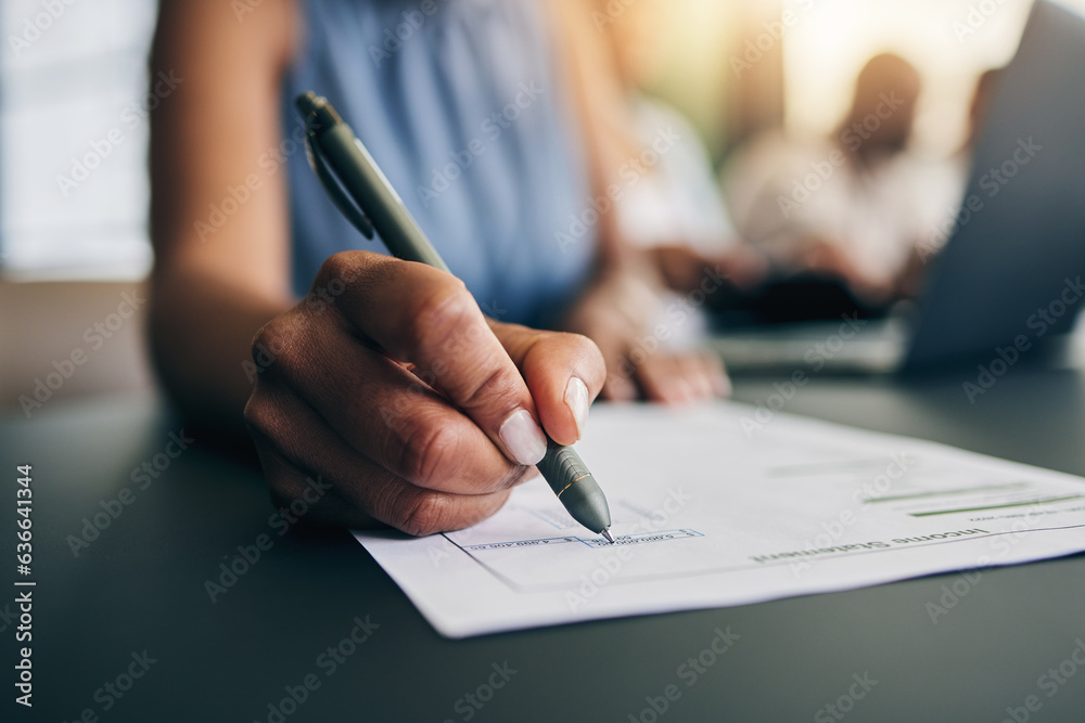 Closeup, hand and a person with a document for accounting, finance paperwork or business. Desk, offi