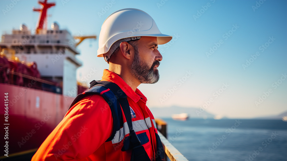 Portrait of a senior male worker wearing safety helmet and reflective vest while standing on a ship 