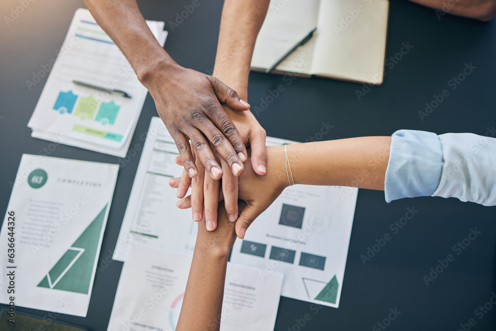 Hands stack, business people and documents top view, teamwork and planning at startup, office and gr