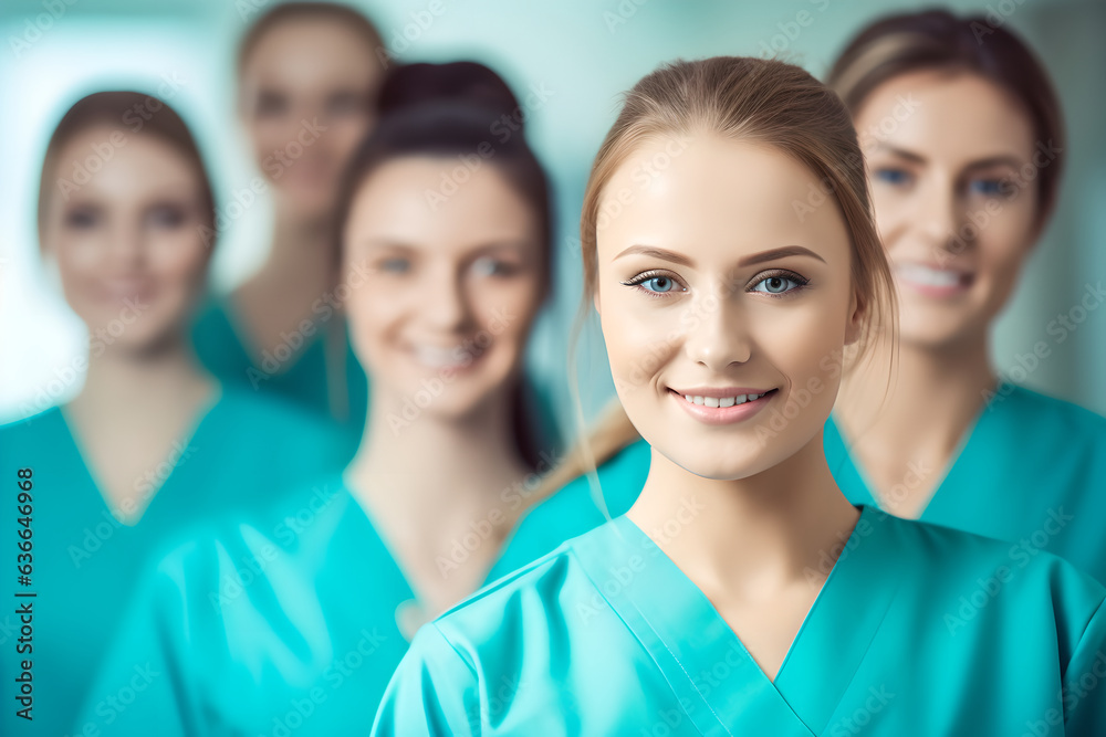 Portrait of group female nurses standing together in hospital. A group of dedicated female nurses st