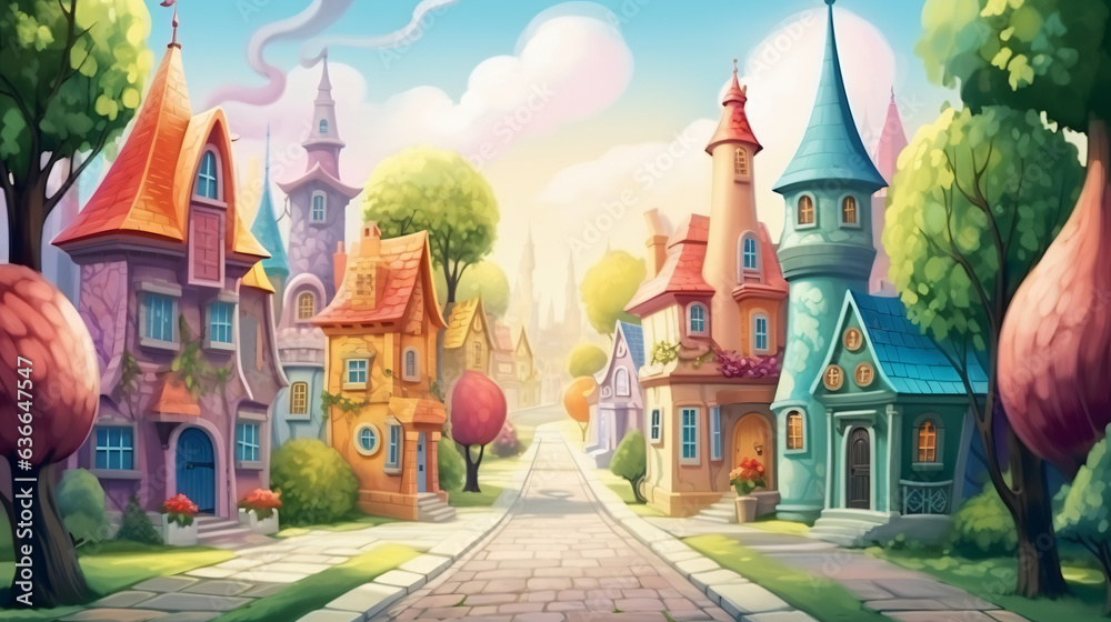 Fairy Town. Cartoon style scene. Cute and Cozy Neighbor