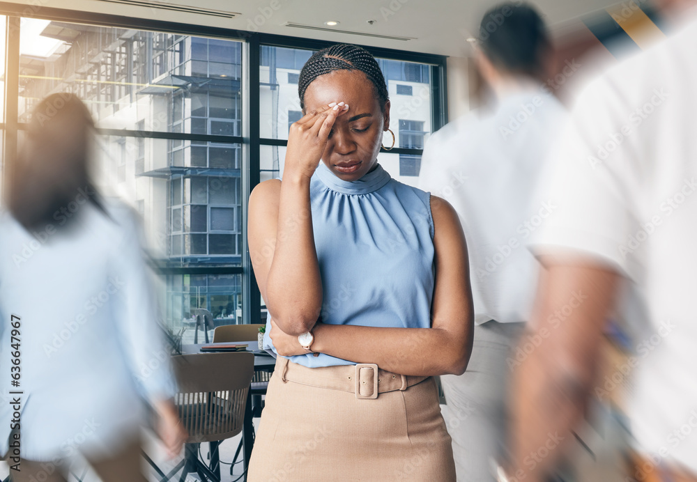 Busy office, people and a black woman with a headache, workplace stress or burnout from chaos. Tired