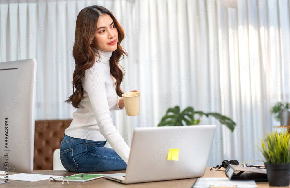 Portrait of asian woman use laptop work digital online marketing internet advertising and sales busi