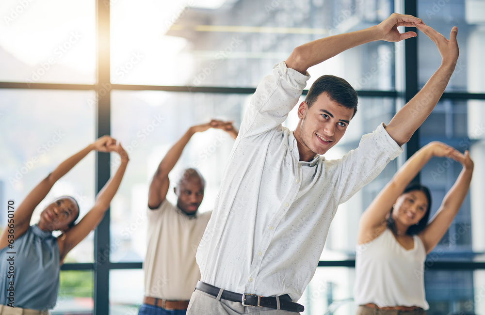 Team building, stretching and a team of business people in the office to workout for health or mobil