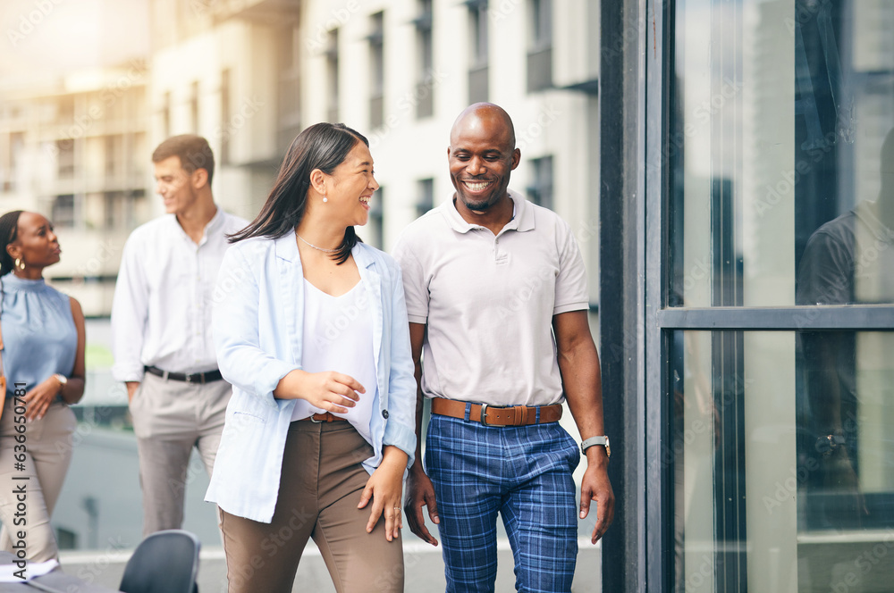 Happy, employees and walking into work building in Atlanta, city and urban corporate office or commu