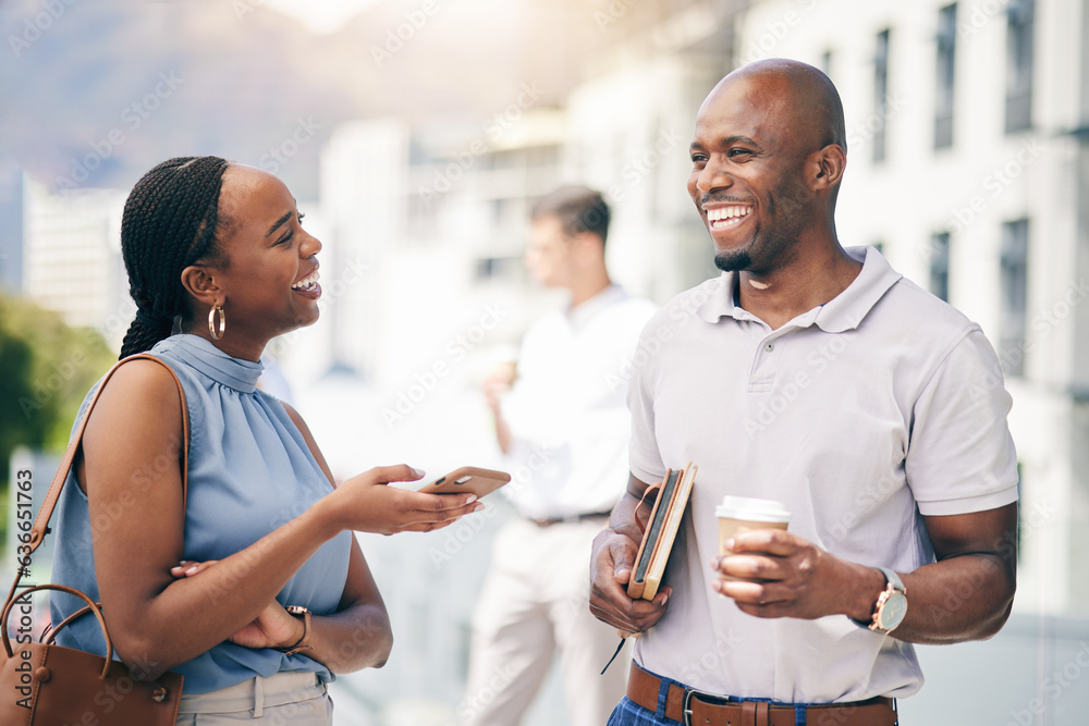 African, business people and happy friends on coffee break city, town or commute to urban office in 