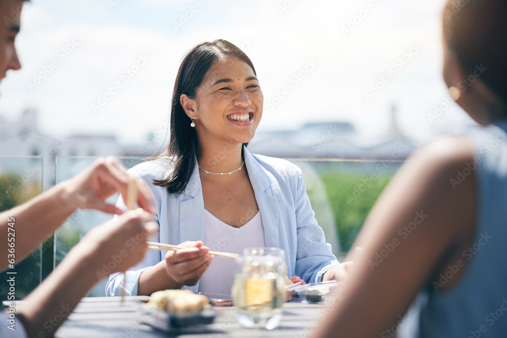 Conversation, happy and friends eating lunch on a rooftop of a building on break together at the off