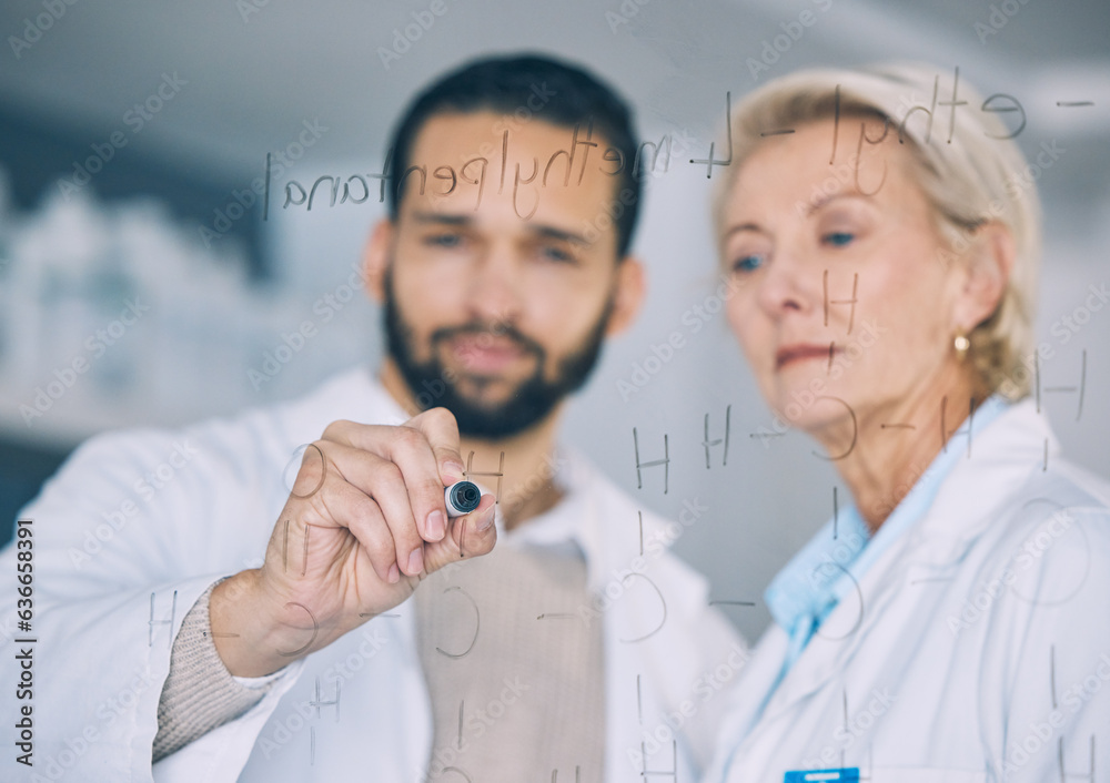 Hand, science and research team writing on glass in the laboratory for planning or study. Healthcare