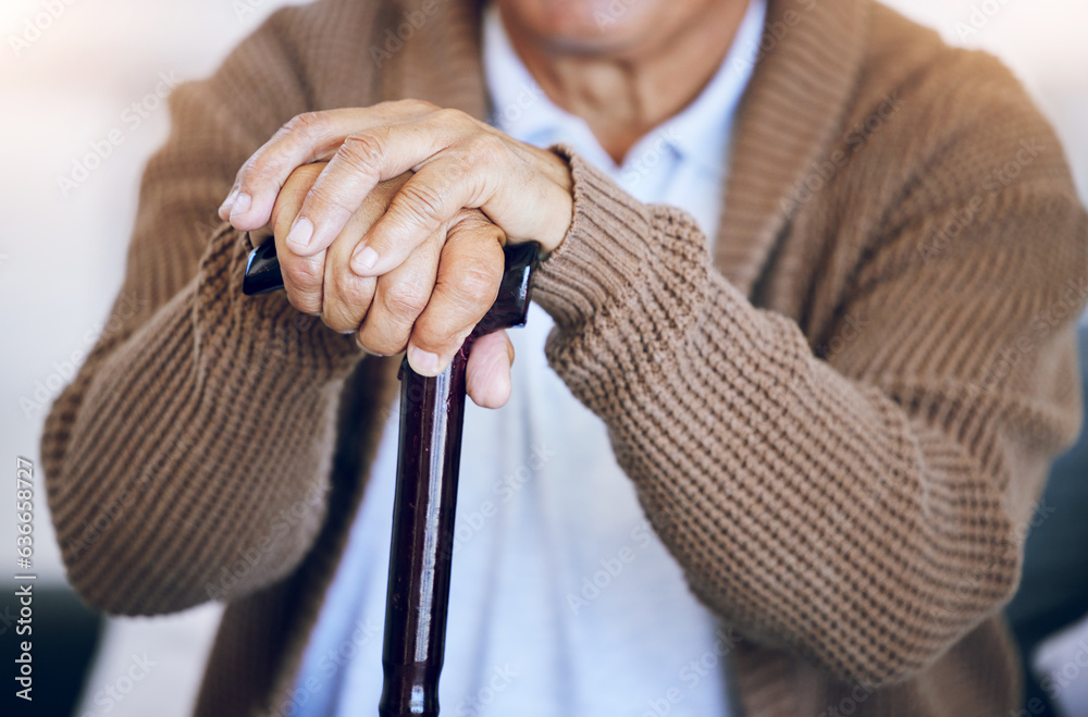 Hands, walking stick and senior person with a disability in nursing home for mobility support, help 