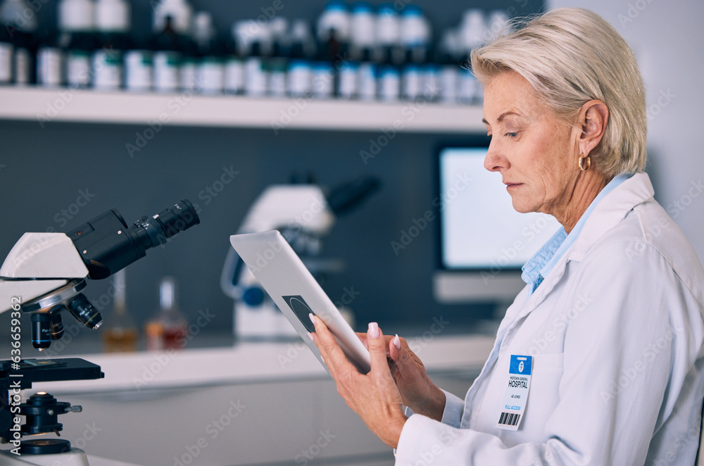 Science, tablet and research with woman in laboratory for planning, medical and pharmacy. Medicine, 