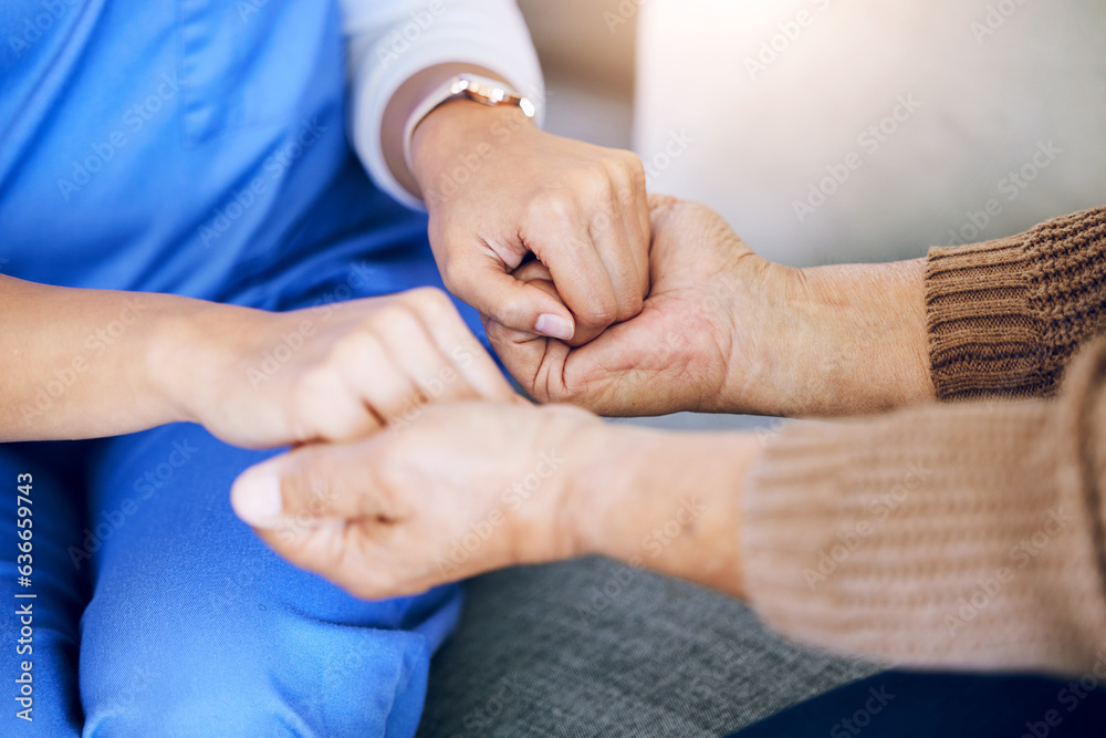 Closeup, nurse and patient holding hands, help and consultation with healthcare, home and support. Z