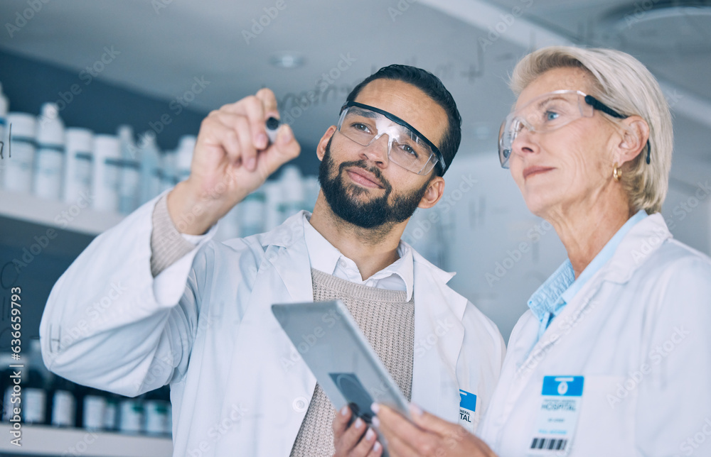 Tablet, science formula and a team writing on glass in the laboratory for planning on innovation. He