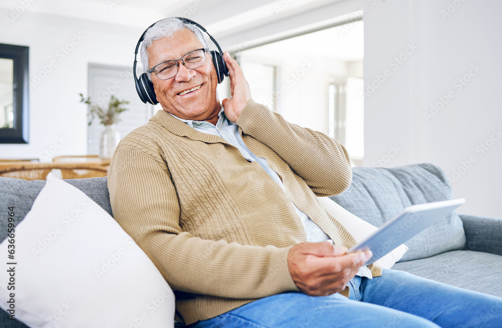 Portrait, home and old man with tablet, headphones and smile with connection, streaming music and ra