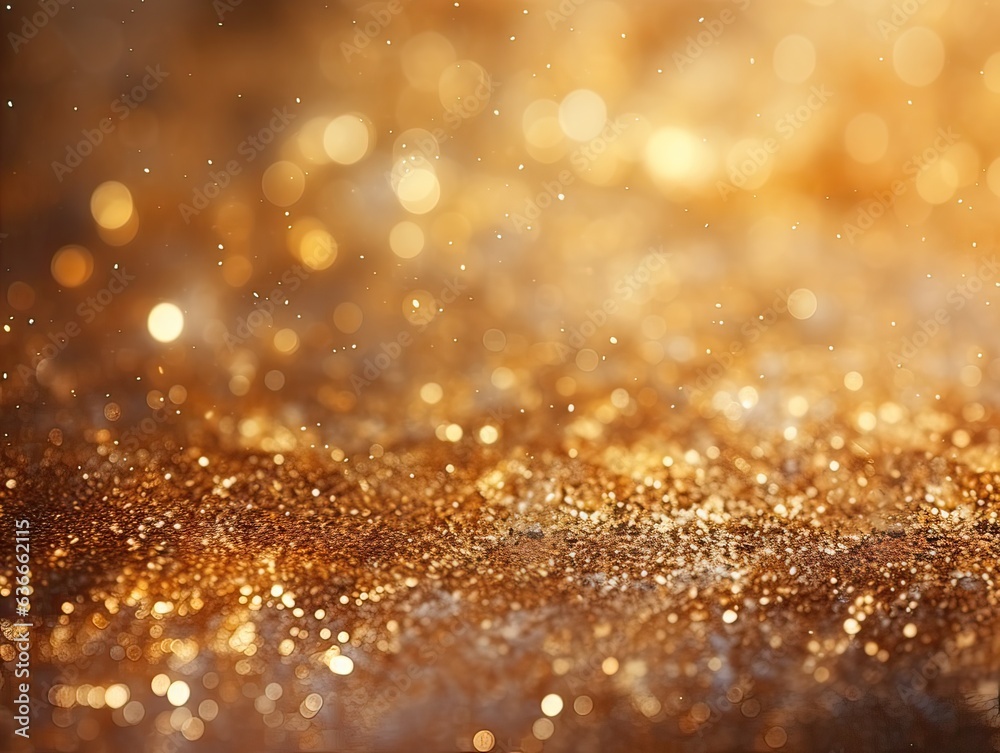 Gold glitter background. Glitter texture with bokeh and shiny lights, shiny metallic gold foil