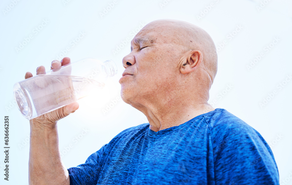 Senior man, drinking water and fitness outdoor, healthy body and h2o liquid for wellness nutrition. 