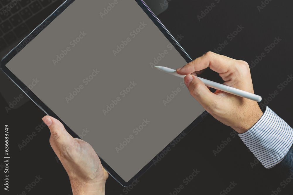 Business man, graphic designer using stylus pen on digital tablet screen, Man in casual ware online 