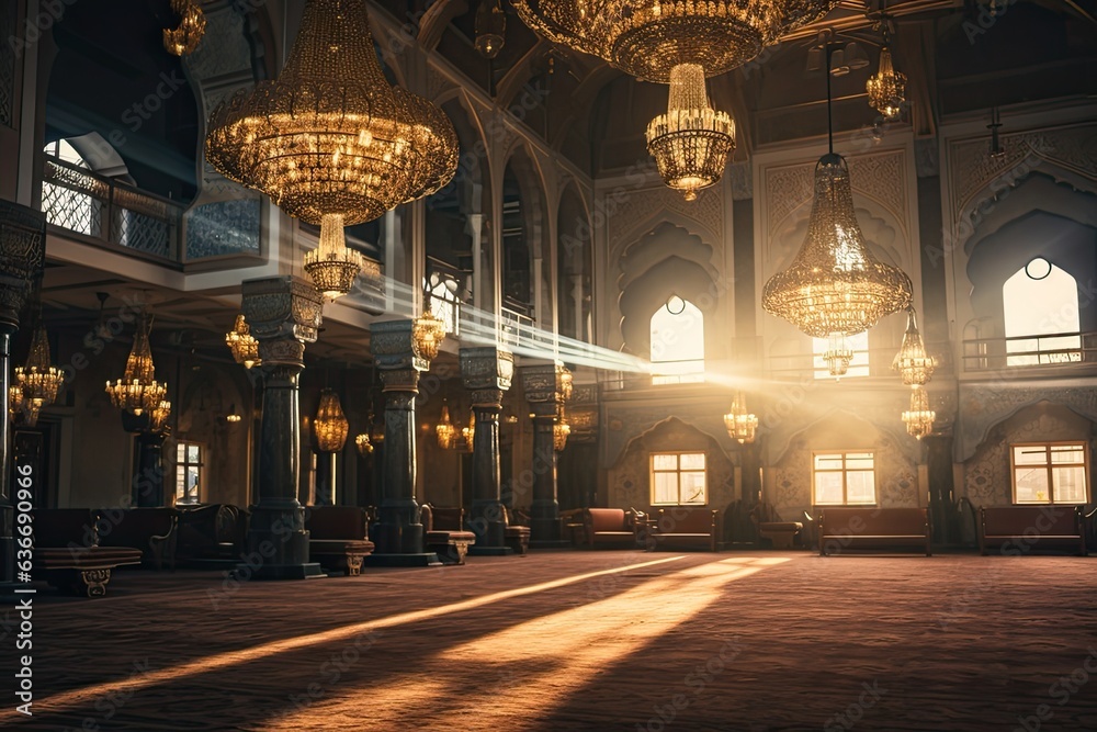 beautiful interior of a masjid with sunlight coming