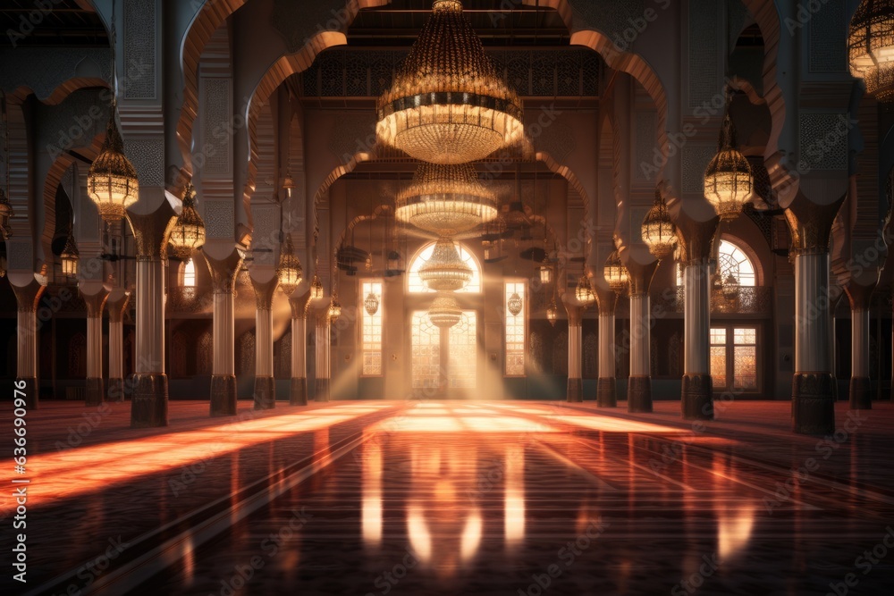 beautiful interior of a masjid with sunlight coming