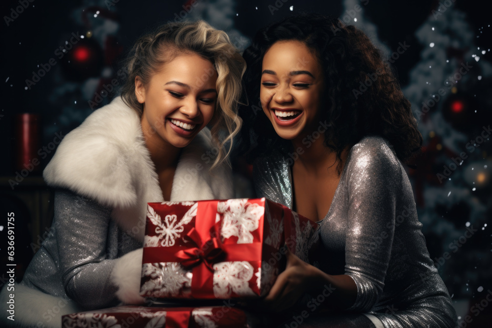 Laughing young women with gifts celebrating Christmas.