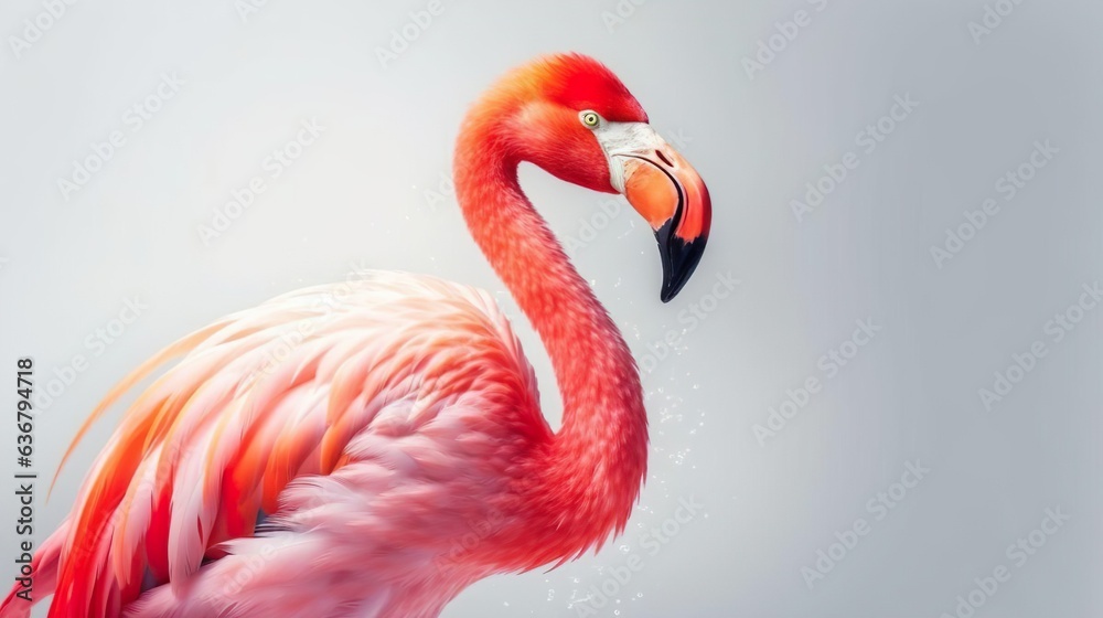 Portrait of a beautiful pink flamingo bird. Grey background. Copy space.