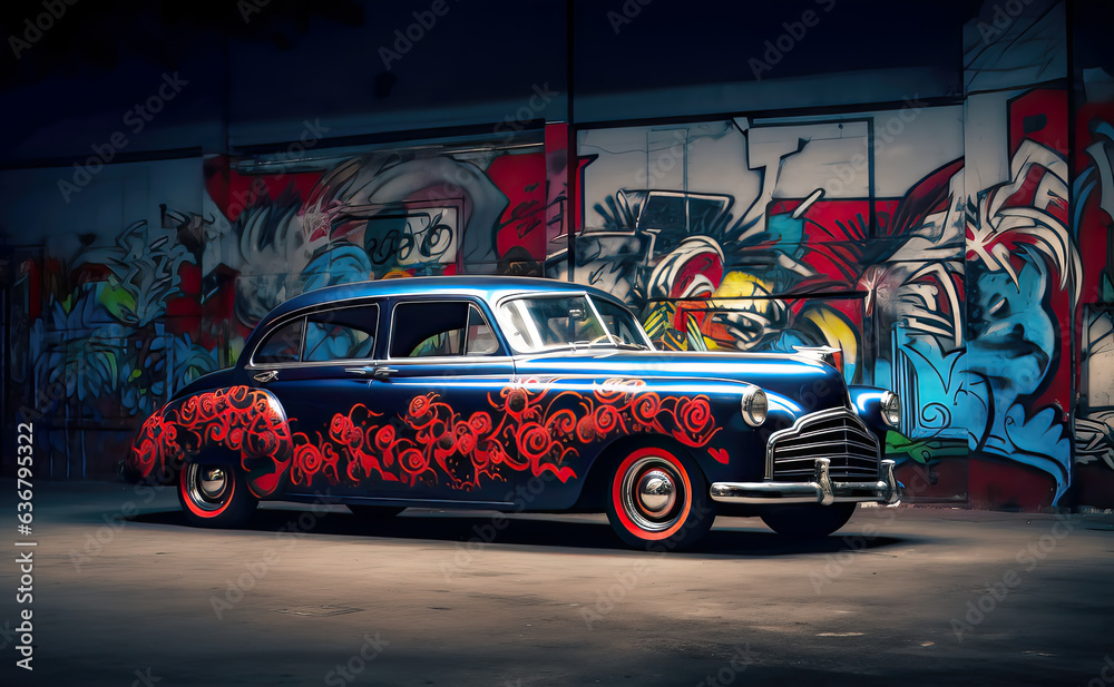 Retro old car in a grungy graffiti covered room