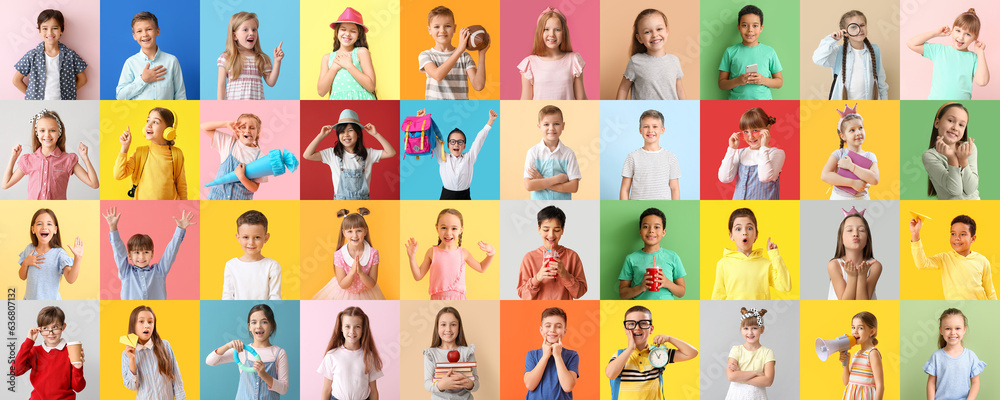 Big collage of adorable children on color background