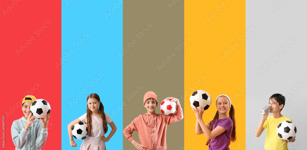 Collage of little children with soccer balls on color background