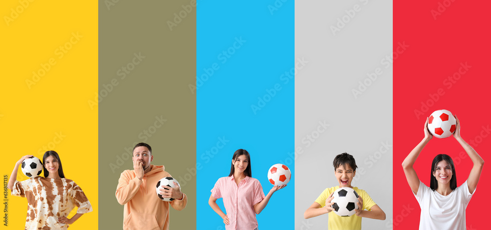 Group of emotional people with soccer balls on color background