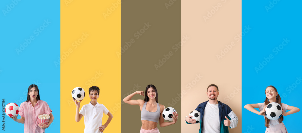 Set of people with soccer balls on color background