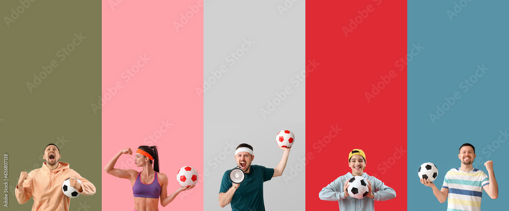 Group of people with soccer balls on color background