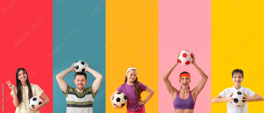 Collage of people with soccer balls on color background