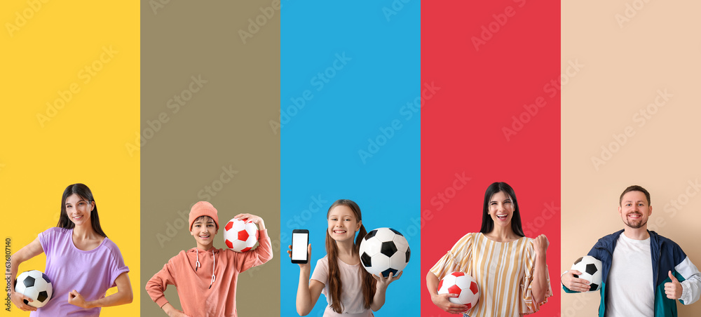 Collage of happy people with soccer balls on color background