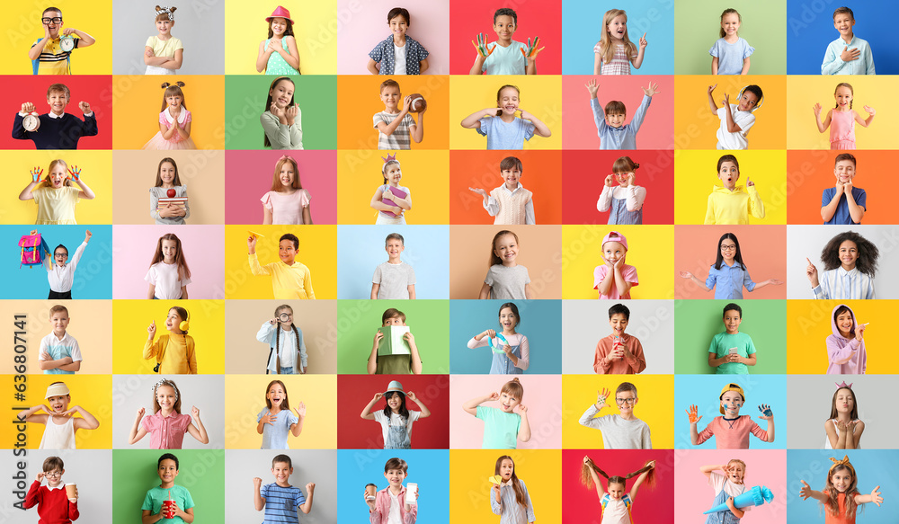 Big collage of cute children on color background