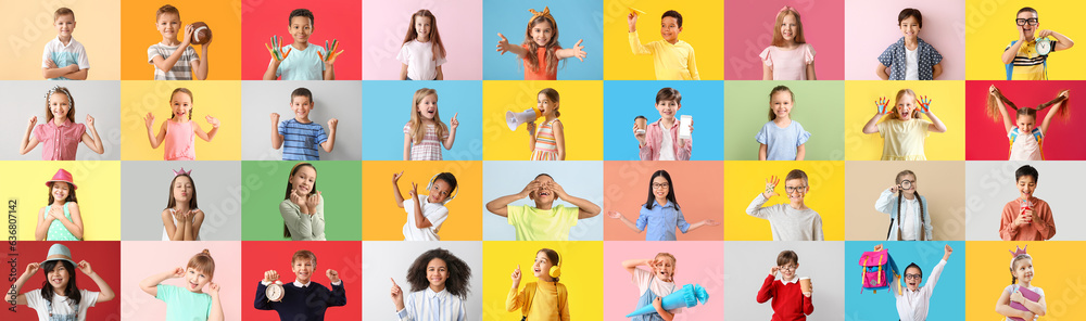 Big collage of little children on color background