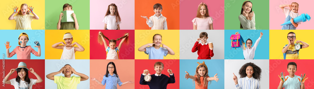 Big collage of different children on color background